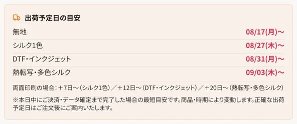 商品ページの出荷予定日の目安。印刷方法ごとの最短出荷日を表示しています